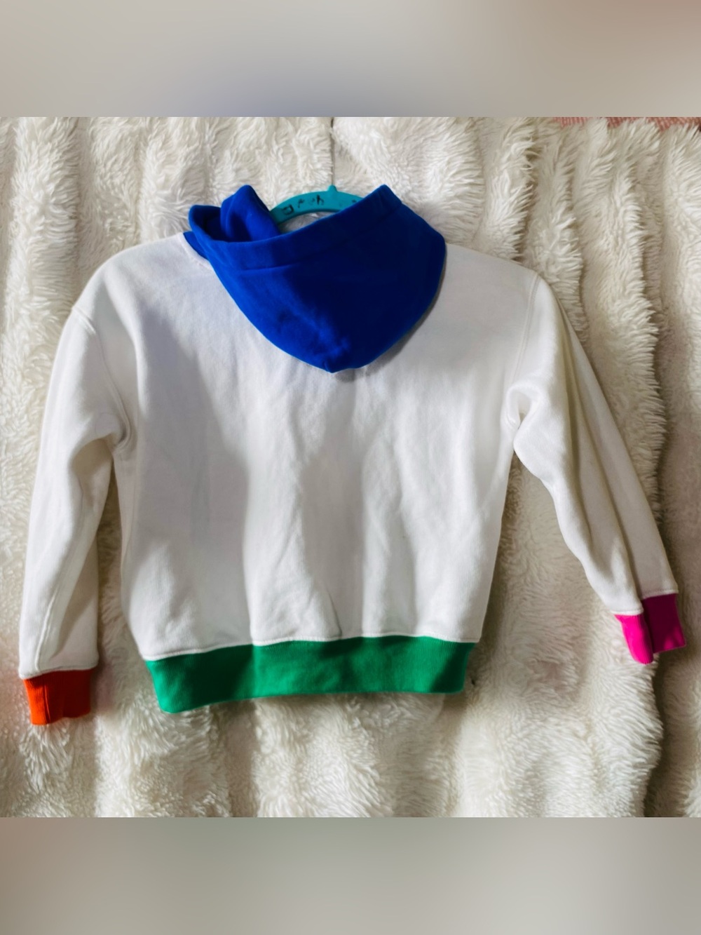 Polo by Ralph Lauren White Hoodie with Blue Hood, Green Hem & Colorful Trim - Picture 10 of 10